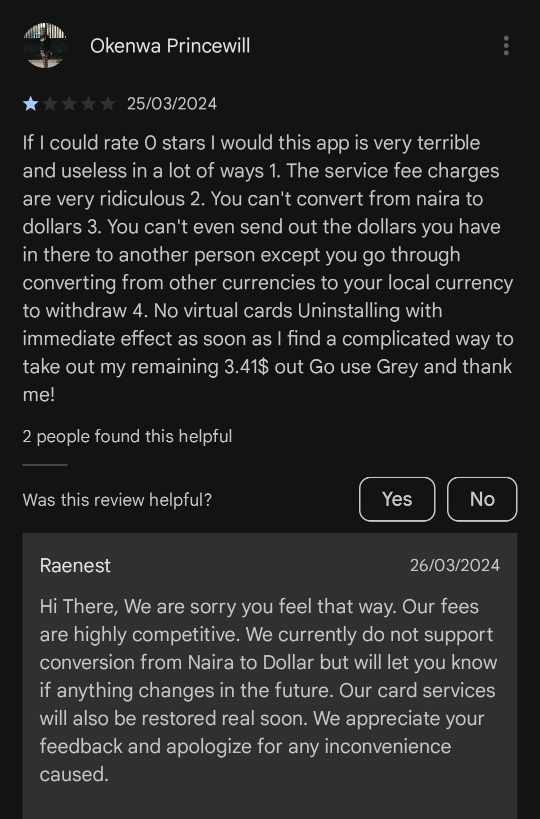 A bad rating. Note however the Geegpay's response.