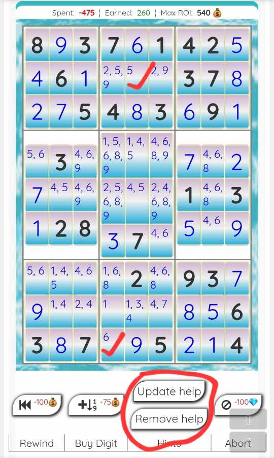 Hint Button circled. Solved cells have single tiny number. Apply them unto that spot.