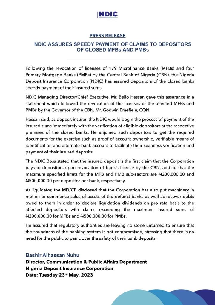 NDIC Assurance press release